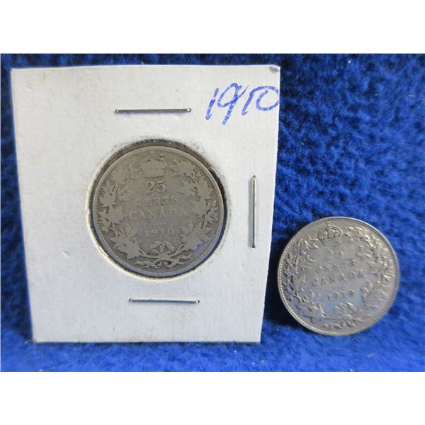 2 Canadian 25 Cent Coins - .925 Silver - 1910, 1919