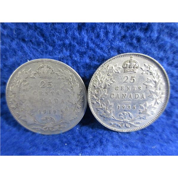 2 Canadian 25 Cent Coins - 1919 (.925 Silver), 1936 (.800 Silver)