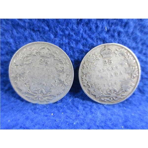 2 Canadian 25 Cent Coins - .925 Silver - 1912, 1914