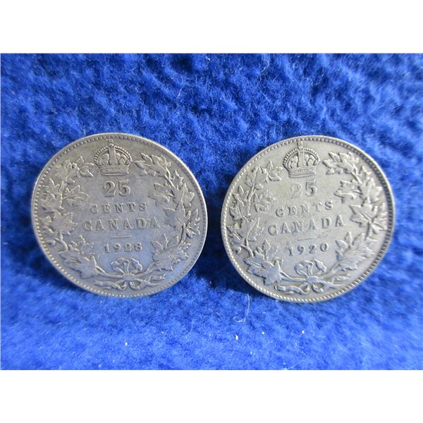 2 Canadian 25 Cent Coins - .800 Silver - 1920, 1928