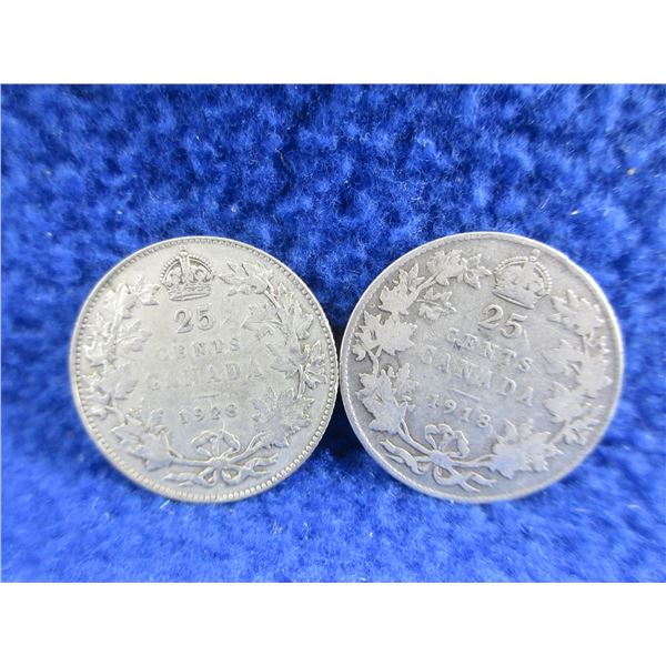 2 Canadian 25 Cent Coins - 1918 (.925 Silver), 1928 (.800 Silver)