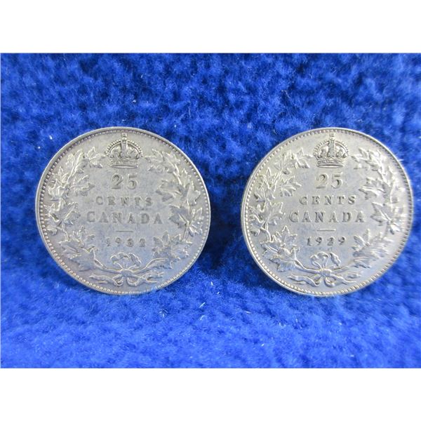 2 Canadian 25 Cent Coins - .800 Silver - 1929, 1932