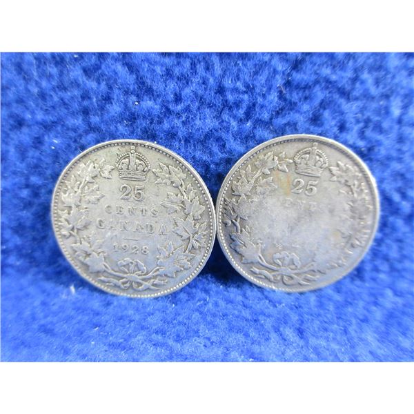 2 Canadian 25 Cent Coins - .800 Silver - 1921, 1928