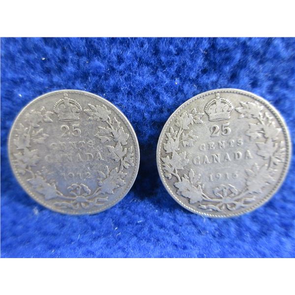 2 Canadian 25 Cent Coins - .925 Silver - 1912, 1916