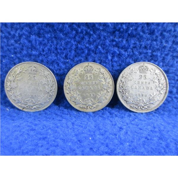 3 Canadian 25 Cent Coins - .800 Silver - 1929 x 2, 1936