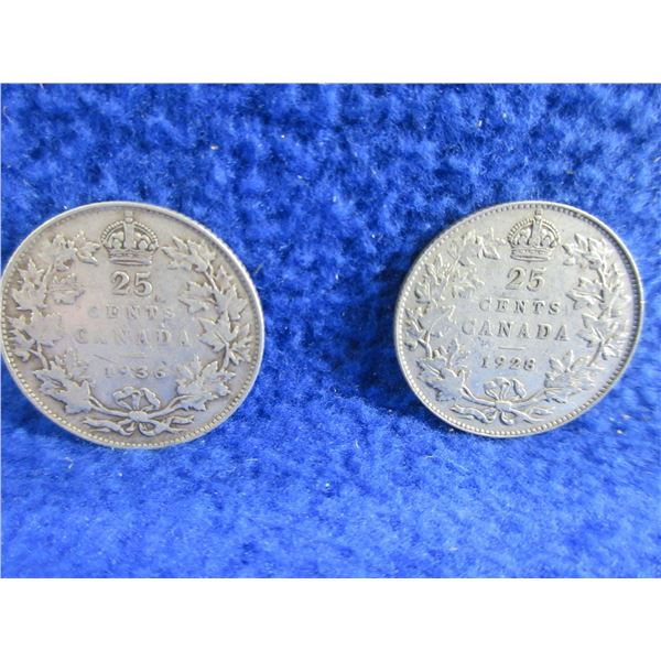 2 Canadian 25 Cent Coins - .800 Silver - 1928, 1936