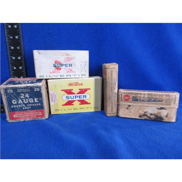 5 Empty Collector Ammo Boxes - Western x 2, CIL 24 Ga,, UMC x 2
