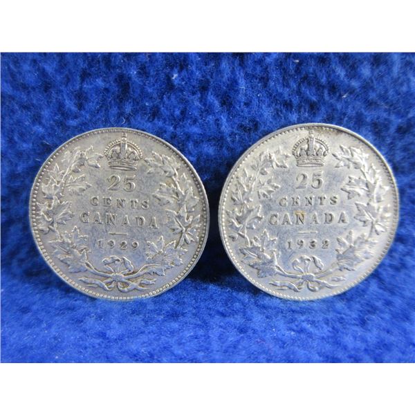2 Canadian 25 Cent Coins - .800 Silver - 1929, 1932