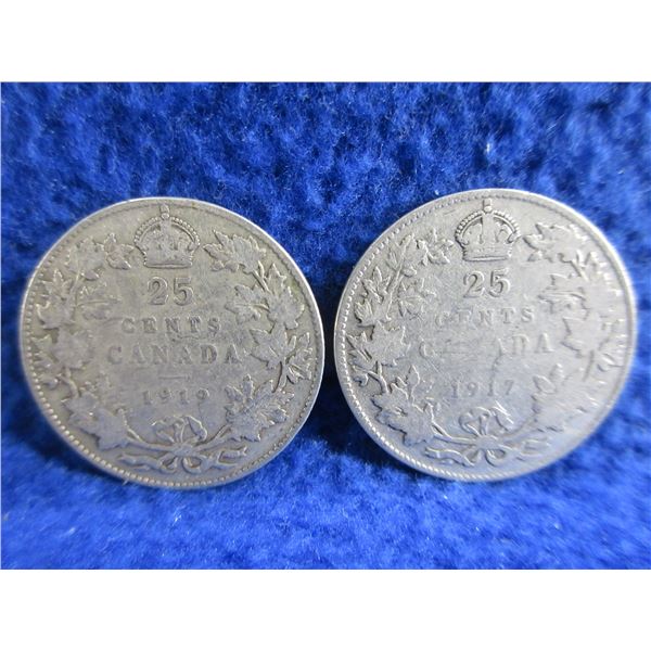 2 Canadian 25 Cent Coins - .925 Silver - 1917, 1919
