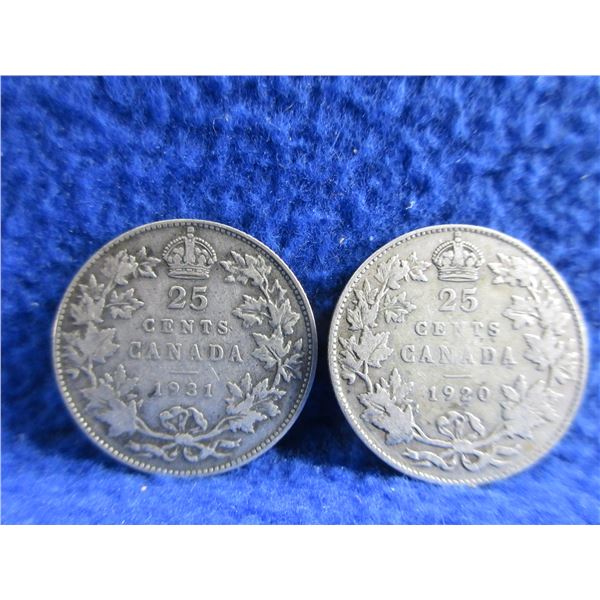 2 Canadian 25 Cent Coins - .800 Silver - 1920, 1931