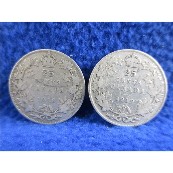 2 Canadian 25 Cent Coins - .925 Silver - 1918, 1919