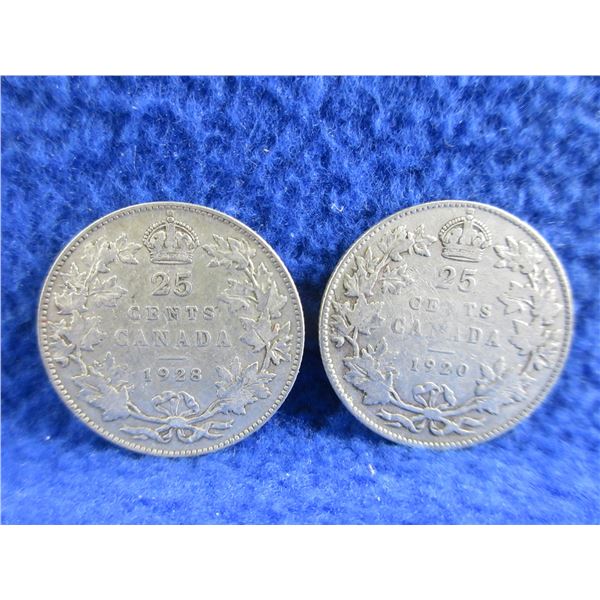 2 Canadian 25 Cent Coins - .800 Silver - 1920, 1928