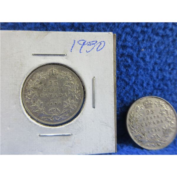 2 Canadian 25 Cent Coins - .800 Silver - 1930 x 2
