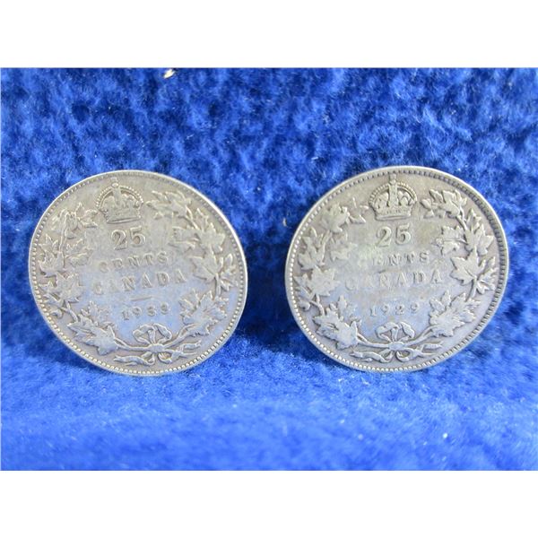 2 Canadian 25 Cent Coins - .800 Silver - 1929, 1933