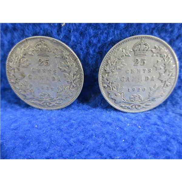 2 Canadian 25 Cent Coins - .800 Silver - 1920, 1931