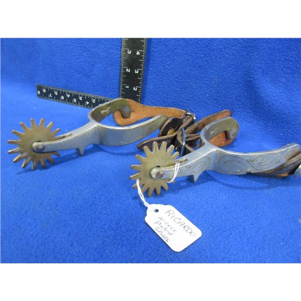Vintage Ricardo Nickel Plated Engraved Spurs w/ Leather Straps