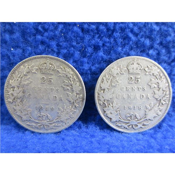 2 Canadian 25 Cent Coins - .925 Silver - 1918, 1919