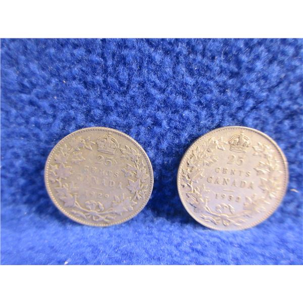 2 Canadian 25 Cent Coins - .800 Silver - 1929, 1932