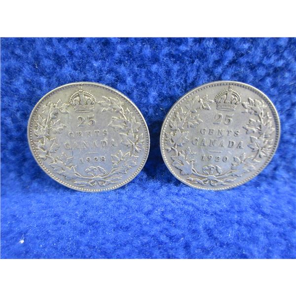 2 Canadian 25 Cent Coins - .800 Silver - 1920, 1928