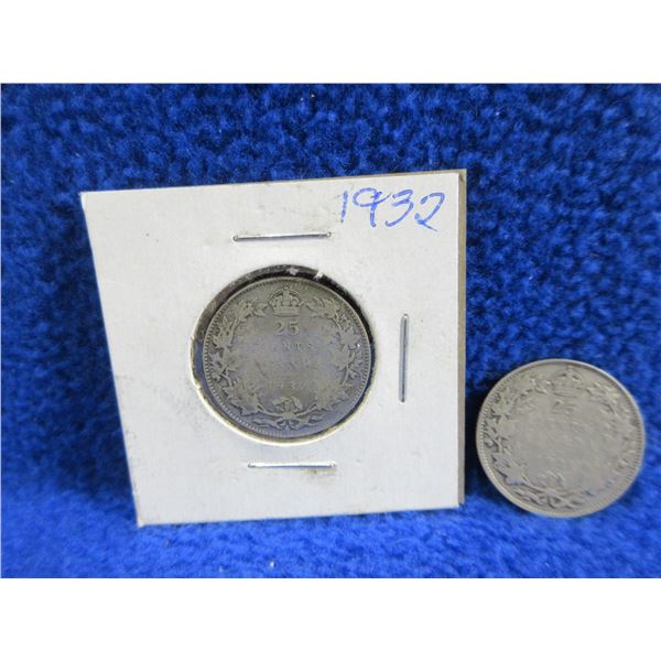 2 Canadian 25 Cent Coins - .800 Silver - 1921, 1932