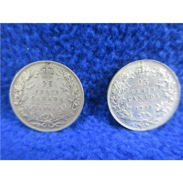 2 Canadian 25 Cent Coins - .800 Silver - 1933, 1936