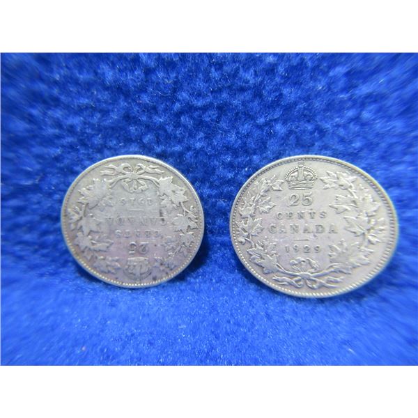 2 Canadian 25 Cent Coins - .800 Silver - 1926, 1929