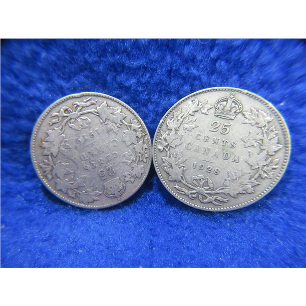 2 Canadian 25 Cent Coins - 1919 (.925 Silver), 1928 (.800 Silver)