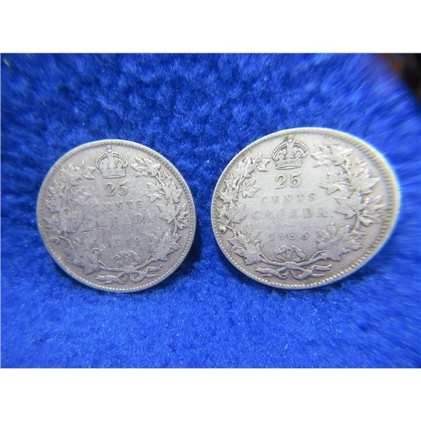 2 Canadian 25 Cent Coins - 1919 (.925 Silver), 1936 (.800 Silver)