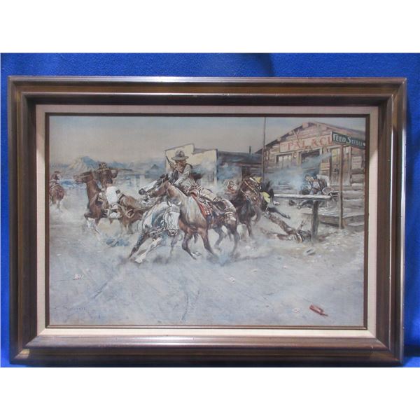 Framed Charles M. Russell Print on Canvas 1908 "The Smoke of a .45" - PICK UP ONLY