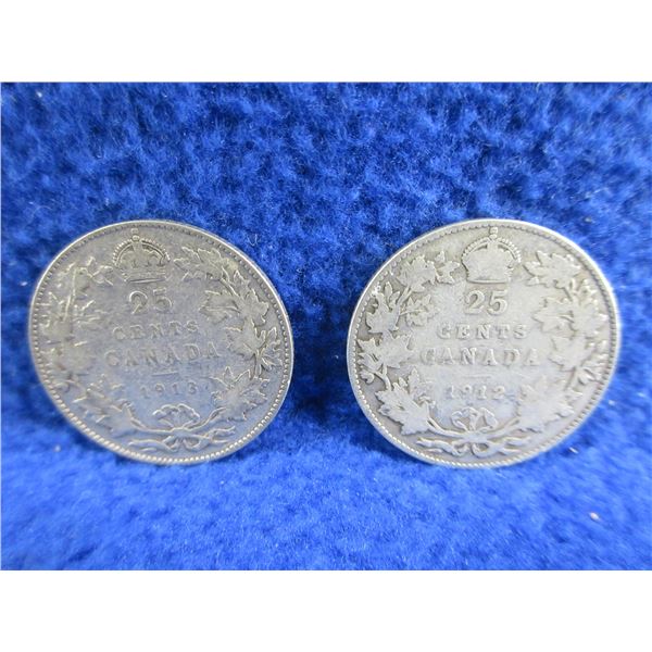 2 Canadian 25 Cent Coins - .925 Silver - 1912, 1913