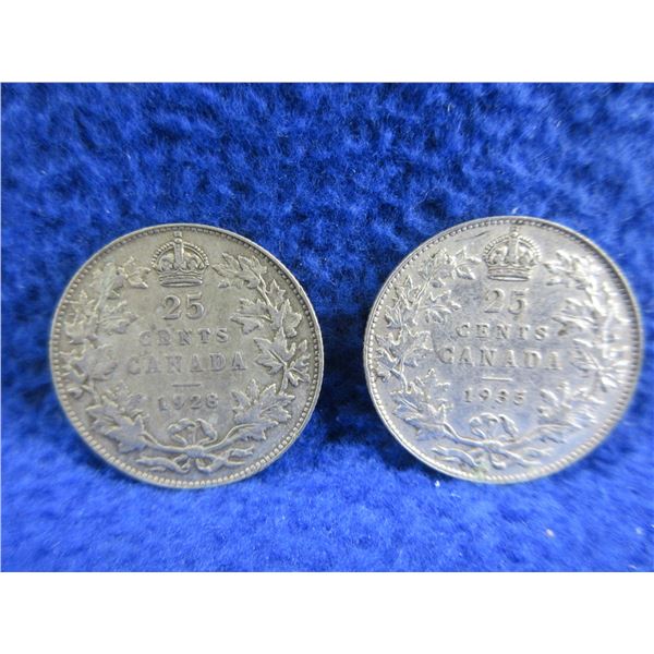 2 Canadian 25 Cent Coins - .800 Silver - 1928, 1935