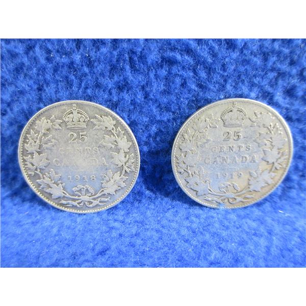 2 Canadian 25 Cent Coins - .925 Silver - 1918, 1919