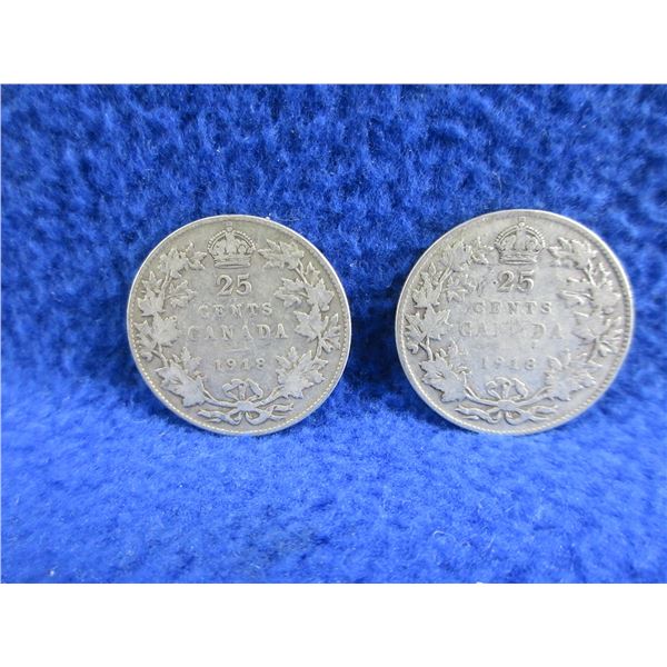 2 Canadian 25 Cent Coins - .925 Silver - 1918 x 2