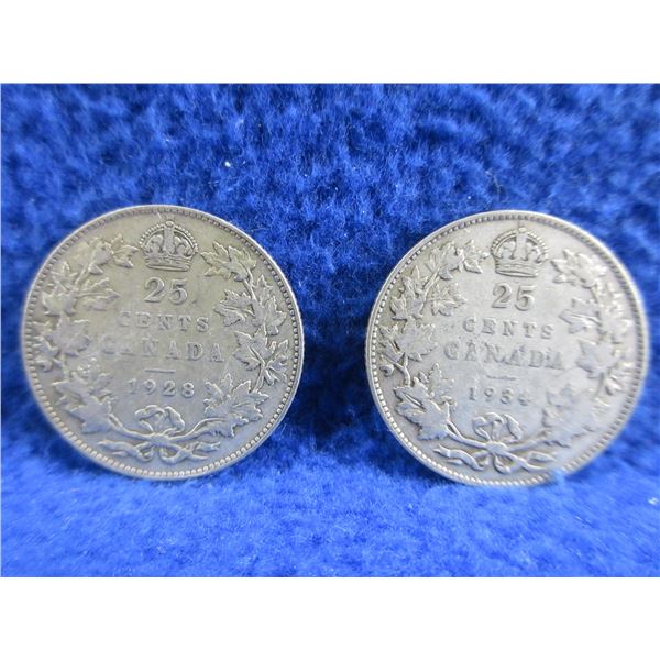 2 Canadian 25 Cent Coins - .800 Silver - 1928, 1934