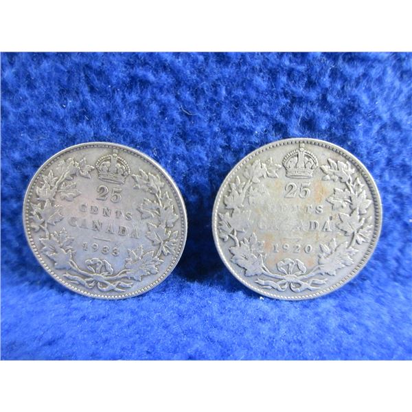 2 Canadian 25 Cent Coins - .800 Silver - 1920, 1933