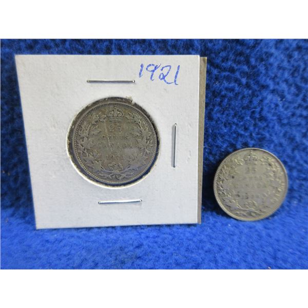 2 Canadian 25 Cent Coins - .800 Silver - 1921, 1928