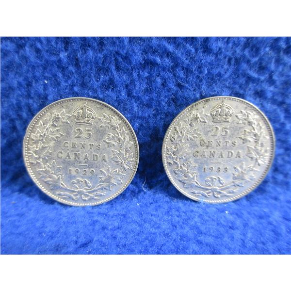 2 Canadian 25 Cent Coins - .800 Silver - 1929, 1933