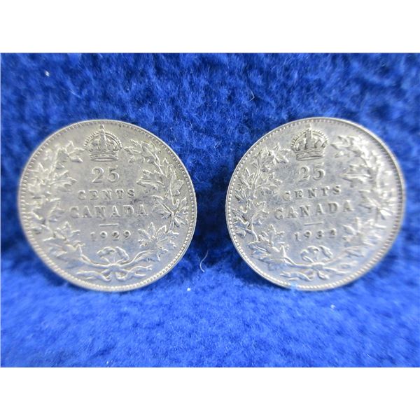 2 Canadian 25 Cent Coins - .800 Silver - 1929, 1932