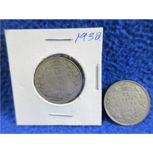 2 Canadian 25 Cent Coins - .800 Silver - 1928, 1932