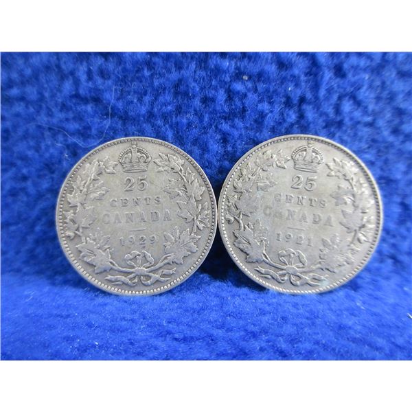 2 Canadian 25 Cent Coins - .800 Silver - 1921, 1929