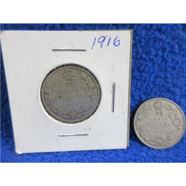 2 Canadian 25 Cent Coins - .925 Silver - 1916, 1917