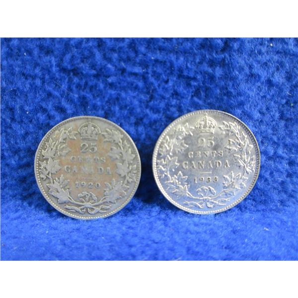 2 Canadian 25 Cent Coins - .800 Silver - 1920, 1933