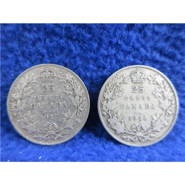 2 Canadian 25 Cent Coins - .925 Silver - 1916, 1917