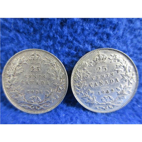 2 Canadian 25 Cent Coins - .800 Silver - 1921, 1932