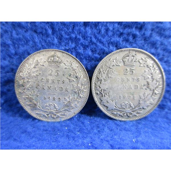 2 Canadian 25 Cent Coins - .800 Silver - 1921, 1932