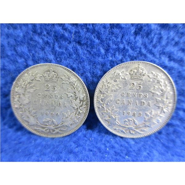 2 Canadian 25 Cent Coins - .800 Silver - 1929, 1932