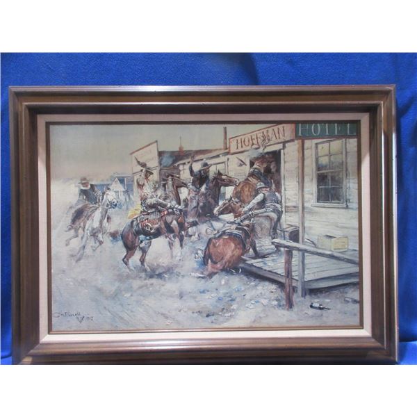 Framed Charles M. Russell Print on Canvas 1909 "In Without Knocking" - PICK UP ONLY