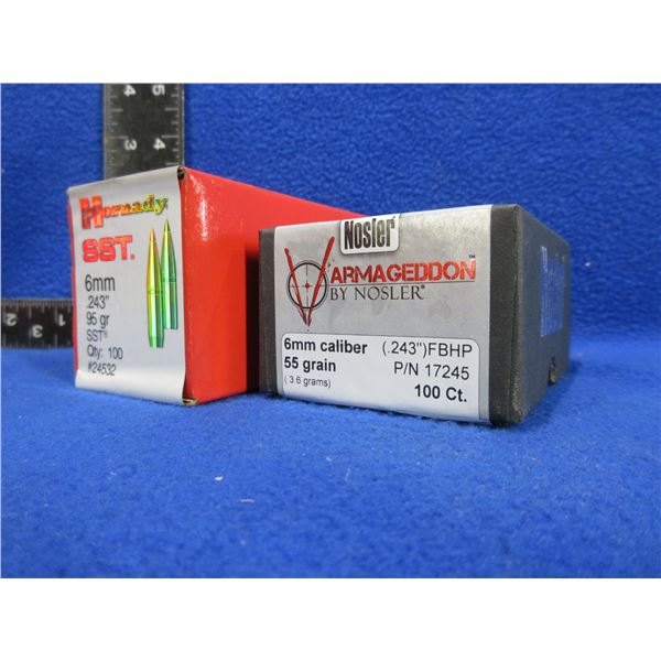 6MM .243" Hornady & Nosler Bullets - 2 Sealed Boxes of 100