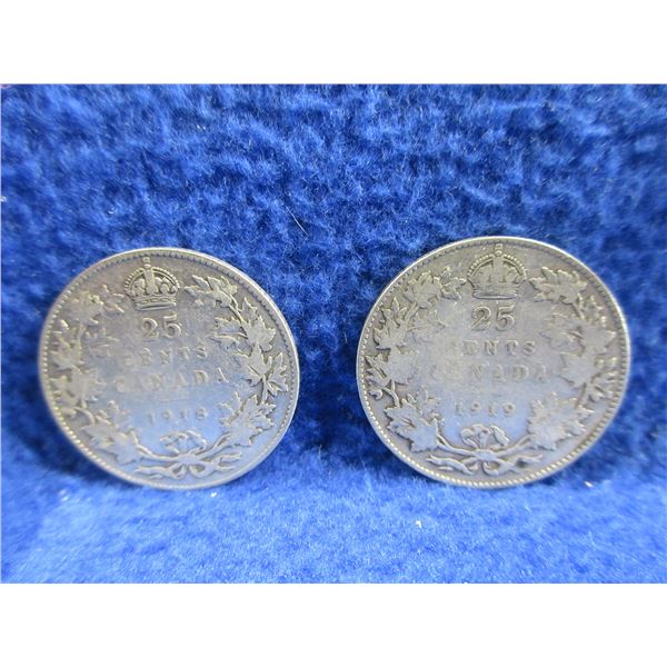 2 Canadian 25 Cent Coins - .925 Silver - 1918, 1919