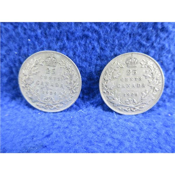 2 Canadian 25 Cent Coins - .800 Silver - 1928, 1929